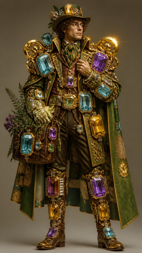 full-body original character: a wandering botanist with a satchel of plants, a patched green cloak, tall boots and round glasses, neutral background — Cocktail Ring Era Jewelry Style character design
