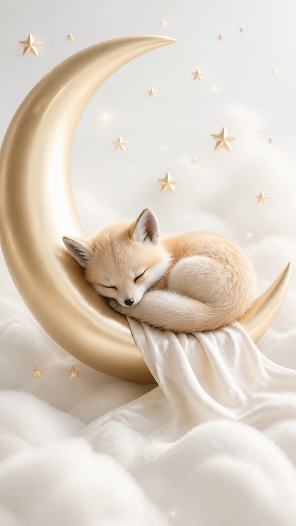 a sleeping baby fox curled on a crescent moon among soft stars, gentle and warm, no text — Clean Girl Aesthetic baby announcement