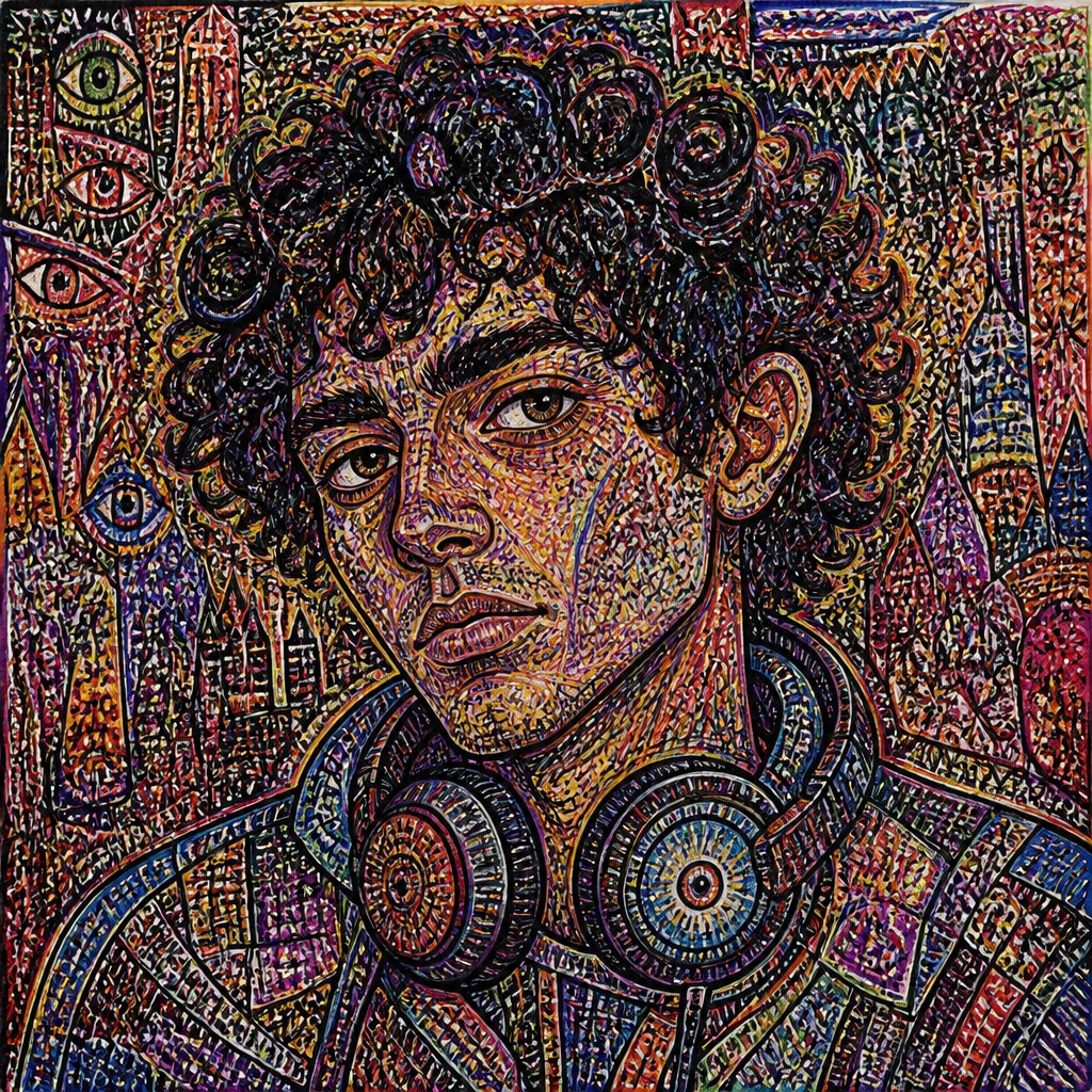 head-and-shoulders portrait of an original character: a young man with curly dark hair and headphones around his neck, plain backdrop, no text — Outsider Art Style Discord profile picture
