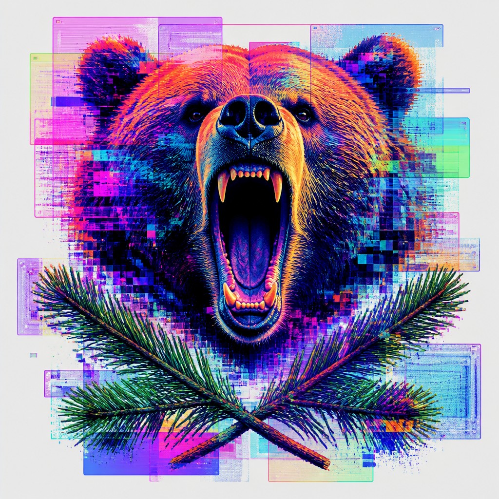 a roaring bear head above crossed pine branches, bold graphic composition on a plain background, no text — Post-Internet Art Style t-shirt design