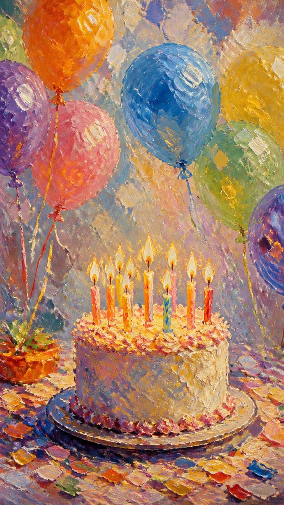a birthday cake with lit candles surrounded by balloons and confetti, festive vertical composition, no text — Impressionism Art Style birthday card