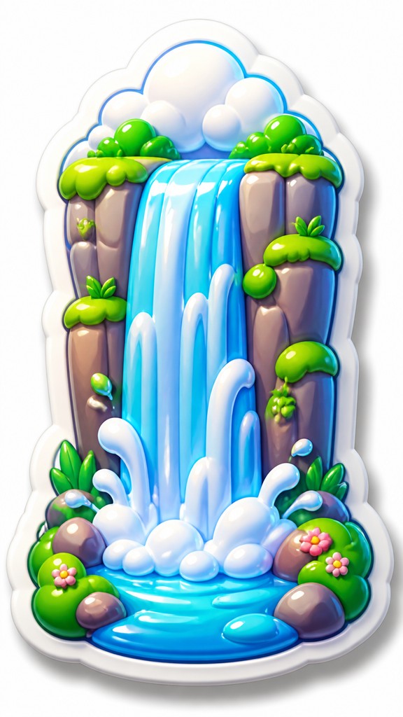 towering waterfall cascading down a cliff — 3D Puffy Sticker Design