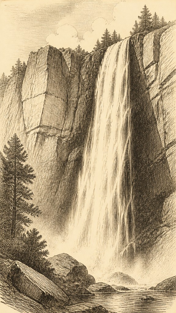 towering waterfall cascading down a cliff — Hatching Drawing Style