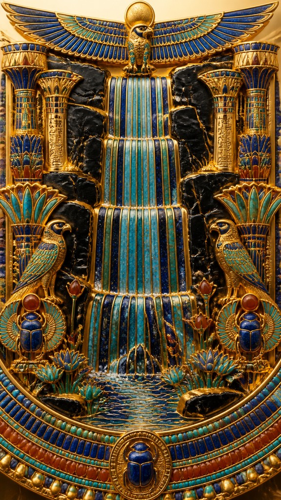 towering waterfall cascading down a cliff — Egyptian Revival Jewelry Style