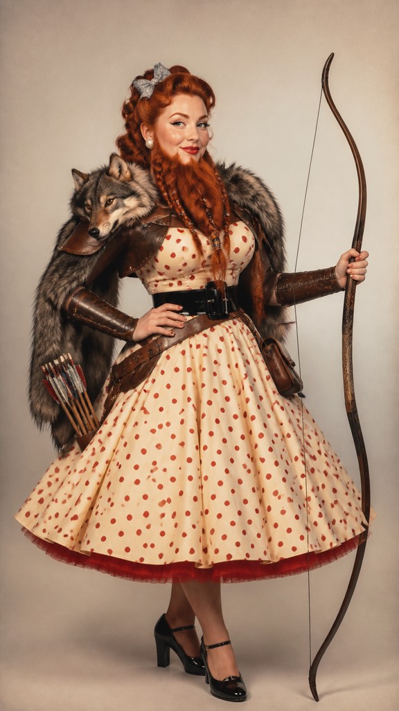 full-body original character: a dwarven ranger with a braided auburn beard, worn leather armor, a longbow and a wolf-pelt cloak, neutral background, no text — Vintage 50s Fashion Style tabletop character portrait