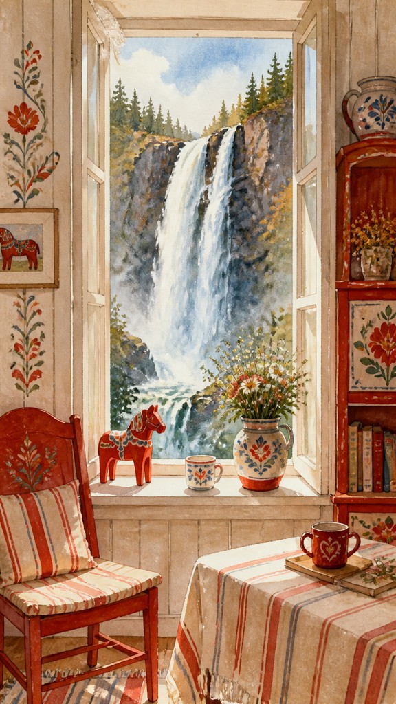 towering waterfall cascading down a cliff — Swedish Art Style