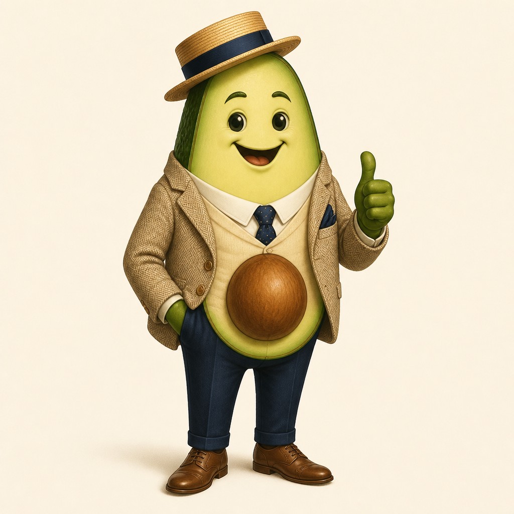 a happy avocado character giving a thumbs up, bold readable design on a plain background, no text — Old Money Aesthetic sticker