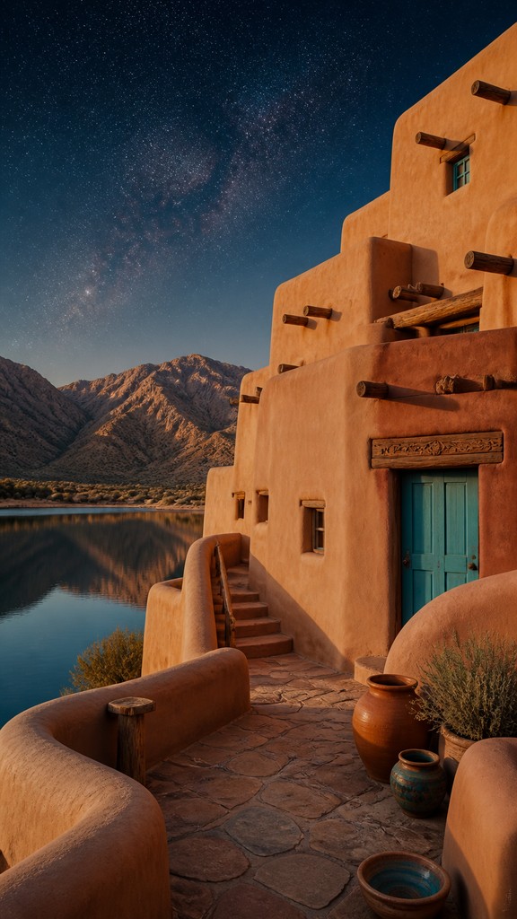 a tranquil mountain lake beneath a starry night sky, no people, no text — Adobe Pueblo Architecture phone wallpaper