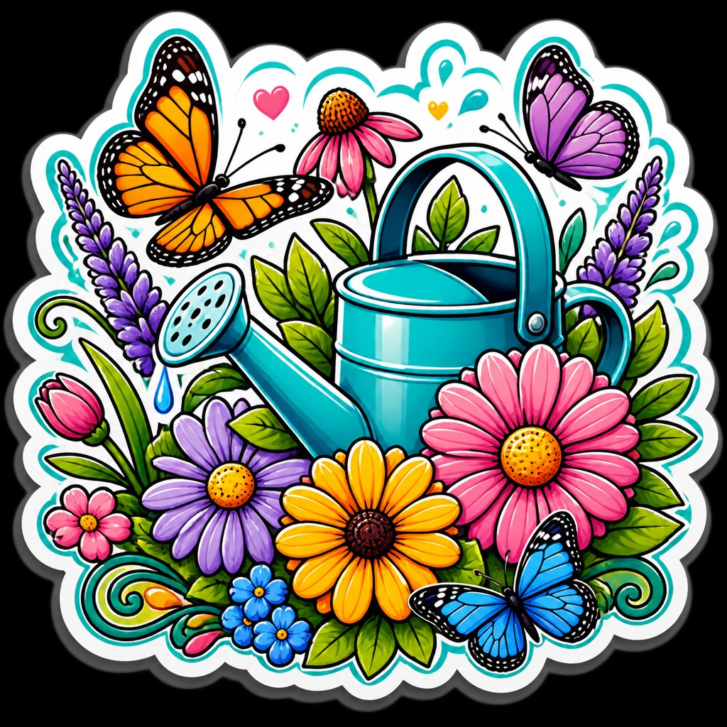 a garden scene with butterflies, flowers and a watering can, clean uncolored line art, no text — Typography Sticker Design coloring page