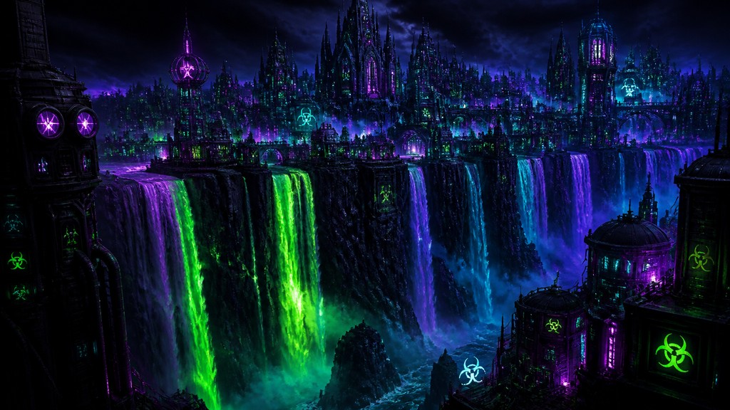 a cliffside city with waterfalls cascading into a misty canyon, wide establishing shot, no people, no text — Cybergoth Aesthetic concept art