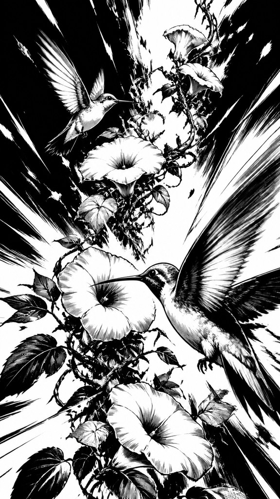 a climbing vine of flowers and hummingbirds on a dark background, tall wrapping composition, no text — Shonen Battle Manga Art Style phone case design