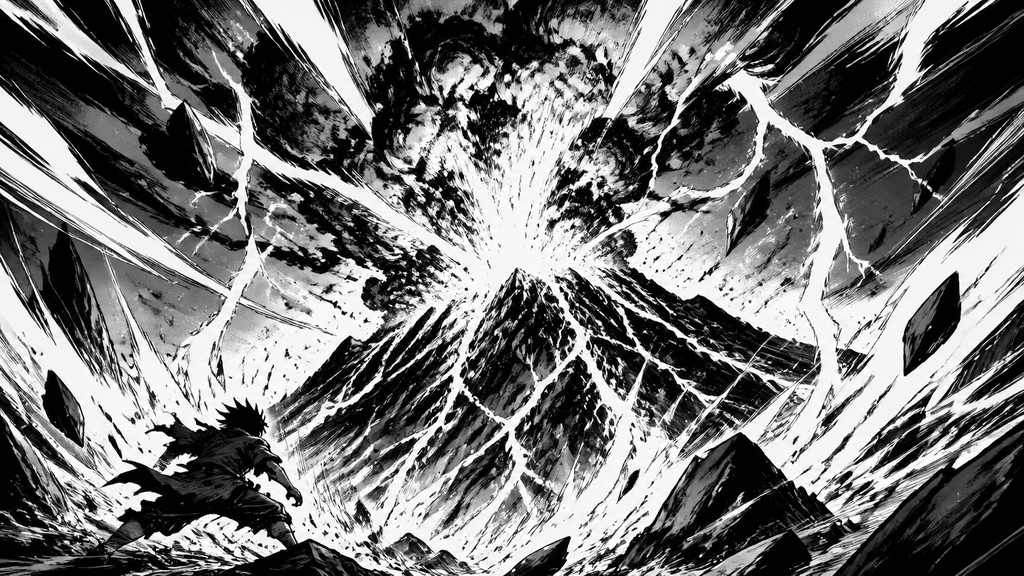an erupting volcano with lightning strikes, dramatic wide composition, no text — Shonen Battle Manga Art Style YouTube thumbnail