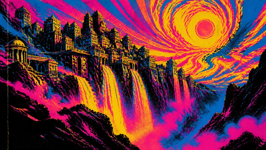 a cliffside city with waterfalls cascading into a misty canyon, wide establishing shot, no people, no text — Concert Poster Design concept art