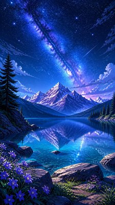 a tranquil mountain lake beneath a starry night sky, no people, no text — Anime Art Style wallpaper