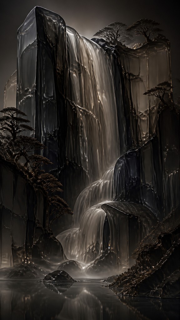 towering waterfall cascading down a cliff — Smoked Glass