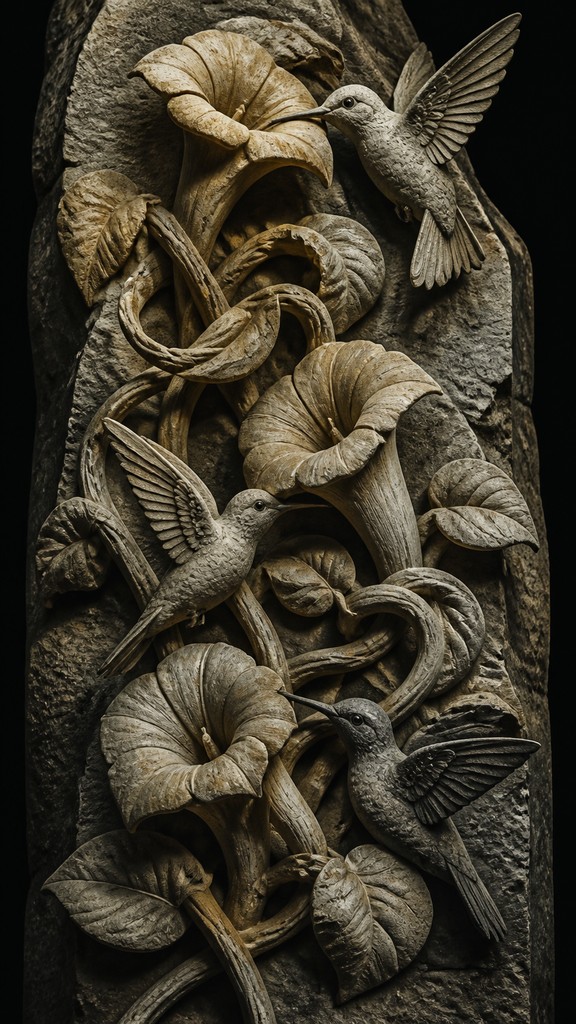 a climbing vine of flowers and hummingbirds on a dark background, tall wrapping composition, no text — Stone Carving Sculpture Art Style phone case design