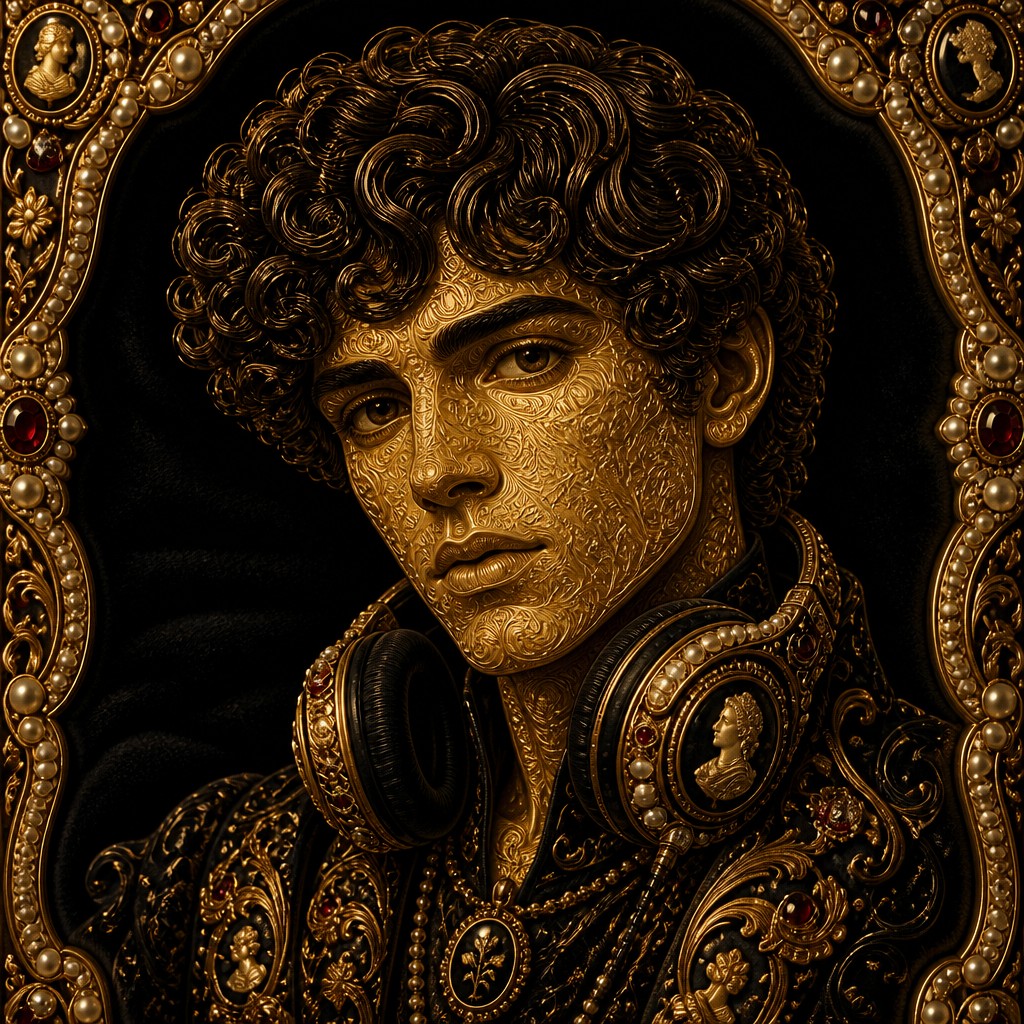 head-and-shoulders portrait of an original character: a young man with curly dark hair and headphones around his neck, plain backdrop, no text — Victorian Jewelry Design Discord profile picture