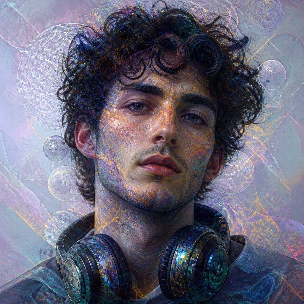 head-and-shoulders portrait of an original character: a young man with curly dark hair and headphones around his neck, plain backdrop, no text — Neural Network Digital Art Style Discord profile picture
