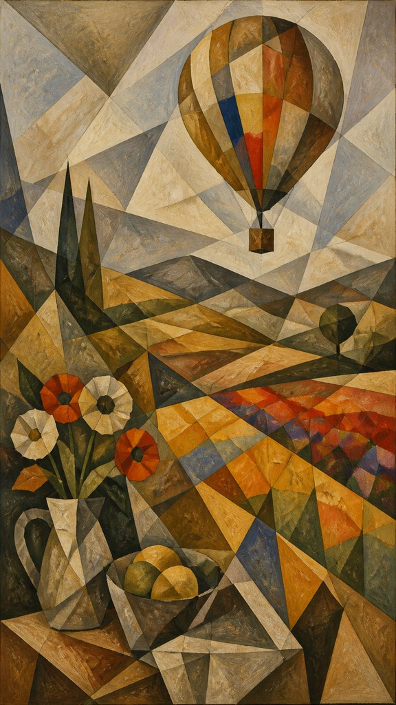 a hot air balloon drifting over rolling flower fields on a sunny day, cheerful, no text — Cubist Still Life Art Style greeting card