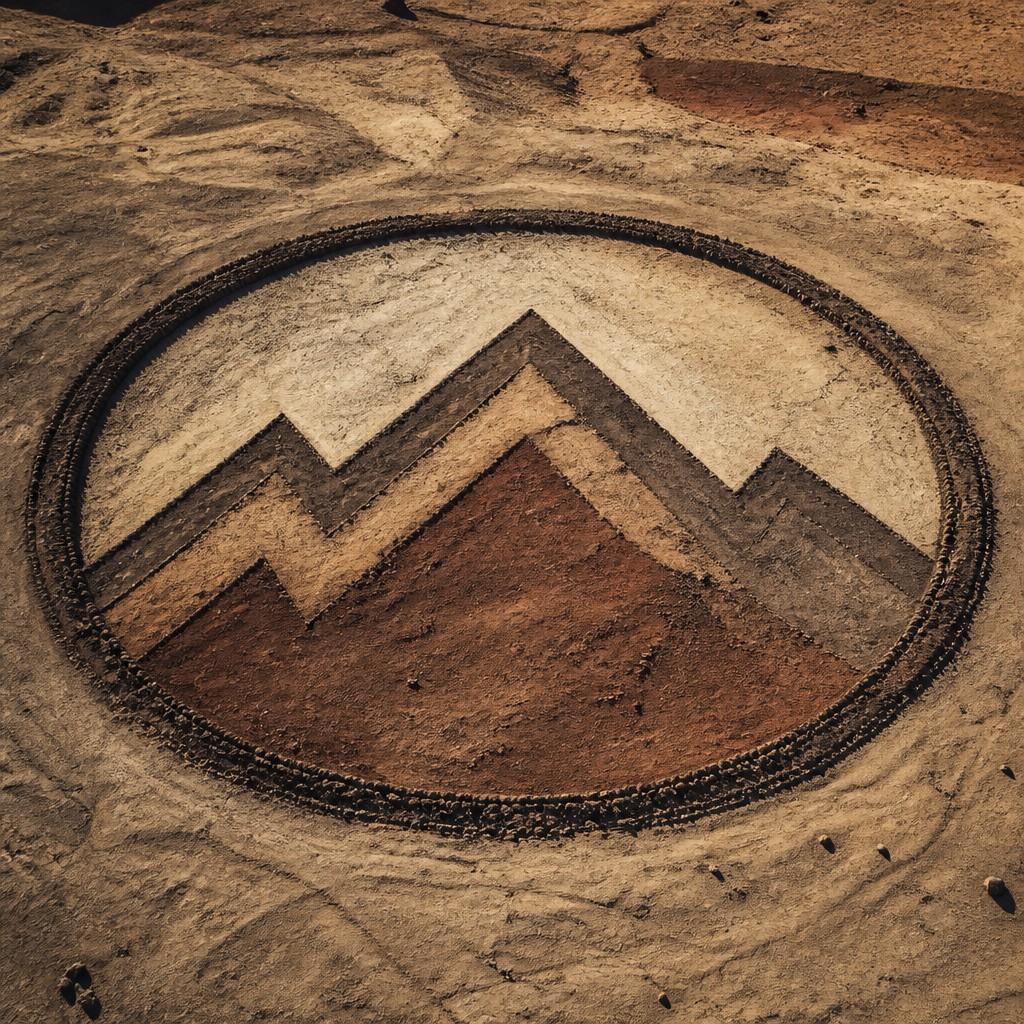 an emblem of a mountain peak inside a circle, simple bold shapes on a plain background, no text or lettering — Land Art Style logo concept