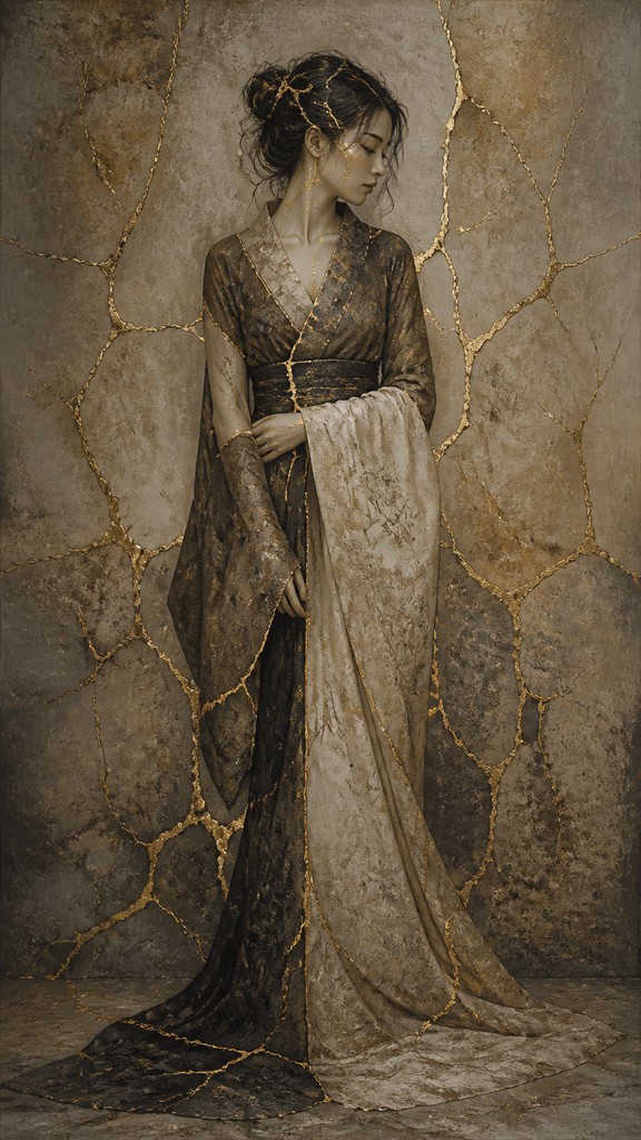 full-length portrait of an elegant figure — Wabi-Sabi Kintsugi Painting