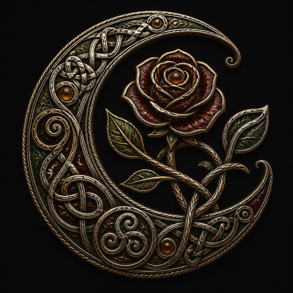 a rose entwined with a crescent moon, clean balanced composition on a plain background, no text — Celtic Jewelry Design tattoo design