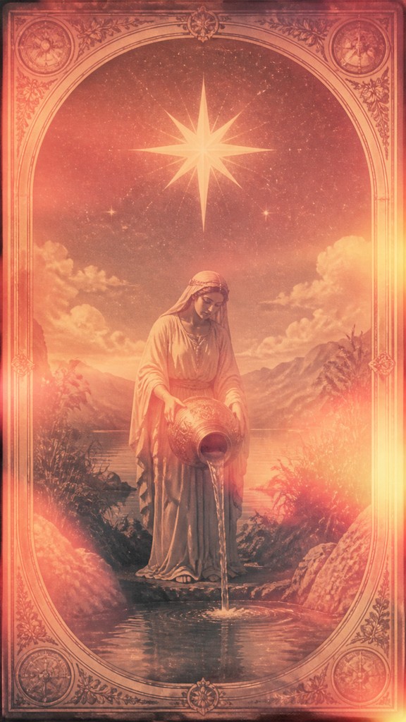 a robed figure pouring water beneath a large eight-pointed star in a night sky, symmetrical composition with an ornate decorative border, no text — Vintage Film Burn tarot card