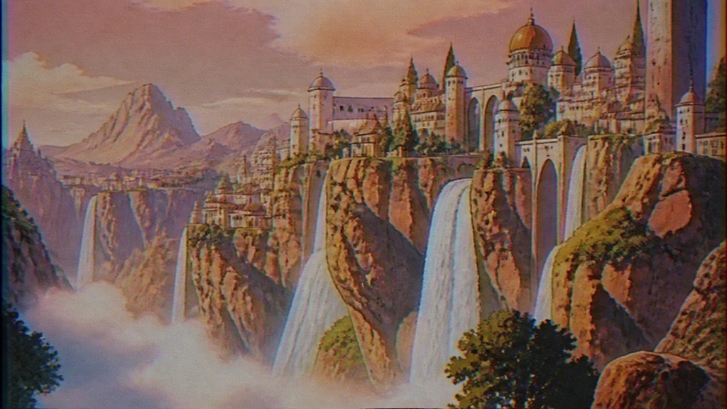 a cliffside city with waterfalls cascading into a misty canyon, wide establishing shot, no people, no text — Vintage Retro Anime Art Style concept art