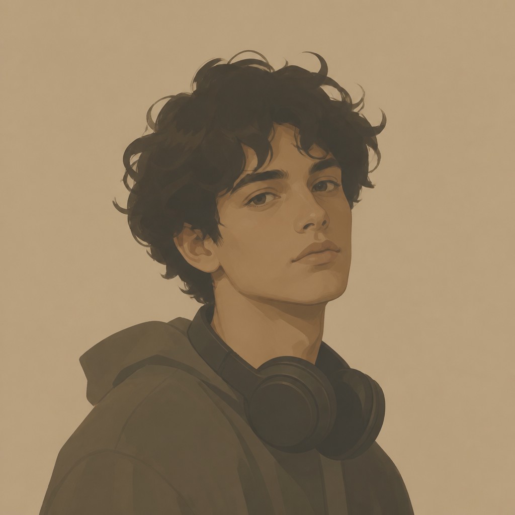 head-and-shoulders portrait of an original character: a young man with curly dark hair and headphones around his neck, plain backdrop, no text — Minimalist Nature Art Discord profile picture