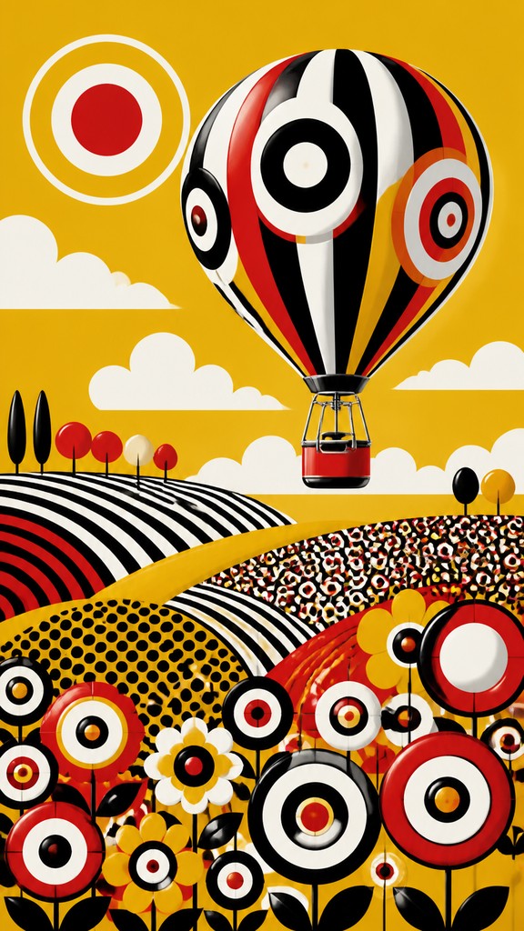 a hot air balloon drifting over rolling flower fields on a sunny day, cheerful, no text — Mod Aesthetic greeting card