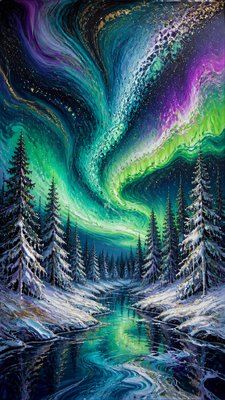 a snowy pine forest under the northern lights, no people — Fluid Abstract Art Style wallpaper