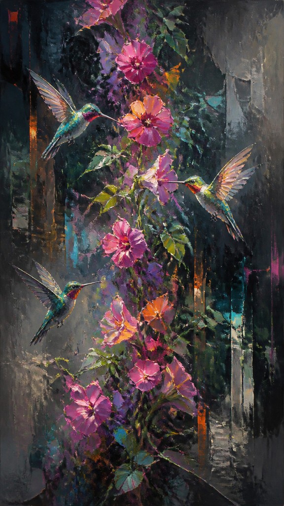 a climbing vine of flowers and hummingbirds on a dark background, tall wrapping composition, no text — Urban Impressionism Art Style phone case design