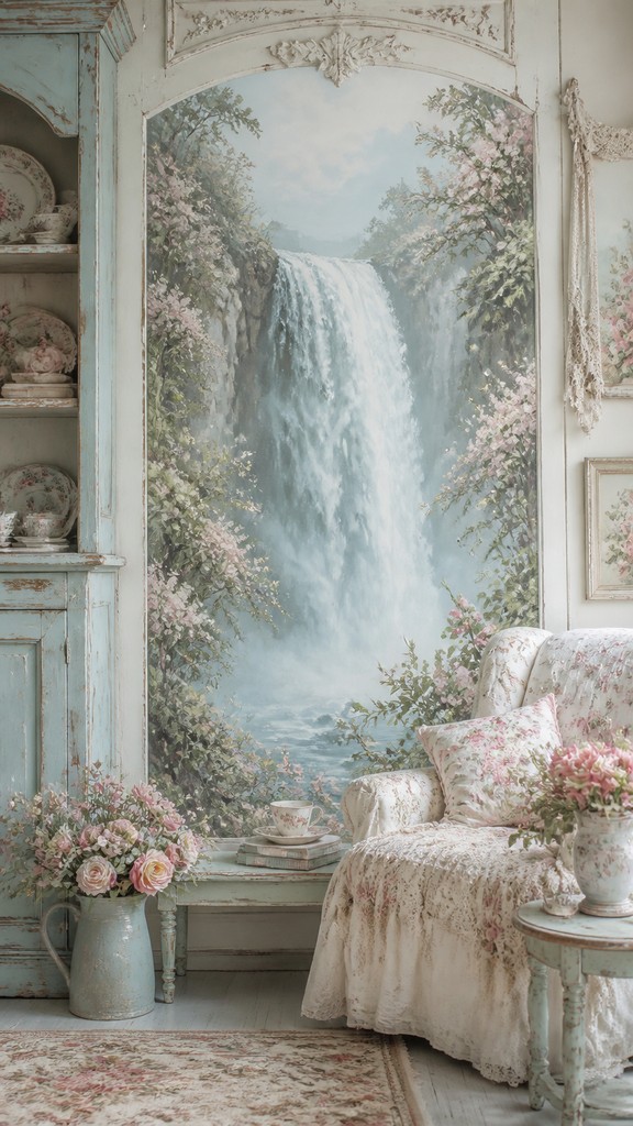 towering waterfall cascading down a cliff — Shabby Chic Interior Design