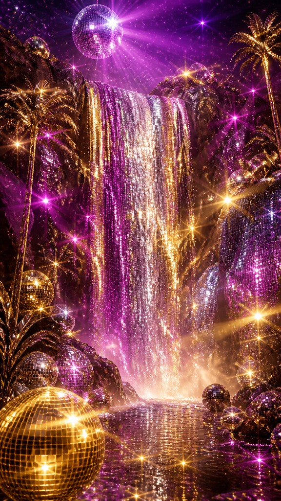 towering waterfall cascading down a cliff — Disco Aesthetic