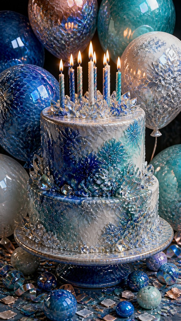 a birthday cake with lit candles surrounded by balloons and confetti, festive vertical composition, no text — Crystalline Glaze Ceramic Art Style birthday card