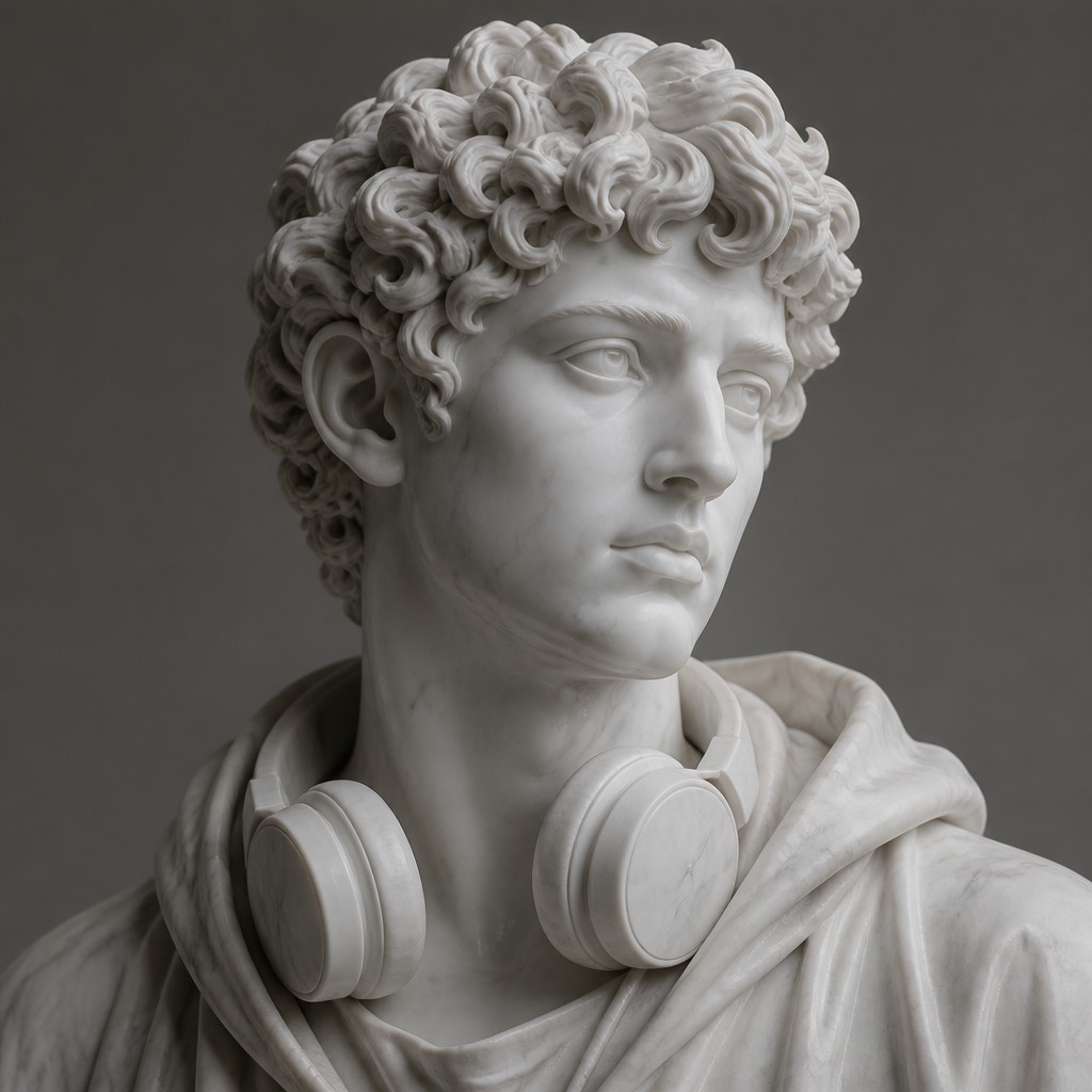 head-and-shoulders portrait of an original character: a young man with curly dark hair and headphones around his neck, plain backdrop, no text — Classical Marble Sculpture Art Style Discord profile picture