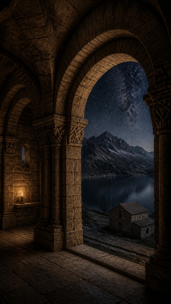 a tranquil mountain lake beneath a starry night sky, no people, no text — Romanesque Architecture phone wallpaper