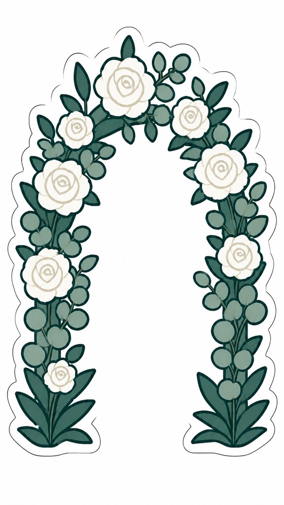 an arch of white roses and eucalyptus in soft morning light, elegant vertical composition with open space, no text — Minimalist Sticker Design wedding invitation