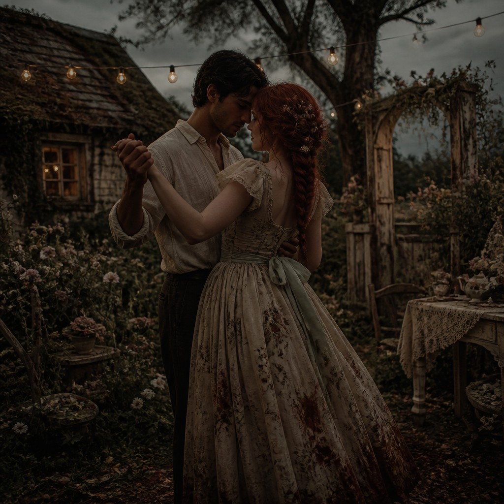 an original couple dancing under string lights in a garden at dusk: a man with short black hair in a linen shirt and a woman with braided red hair in a summer dress — Dark Cottagecore Aesthetic couple portrait