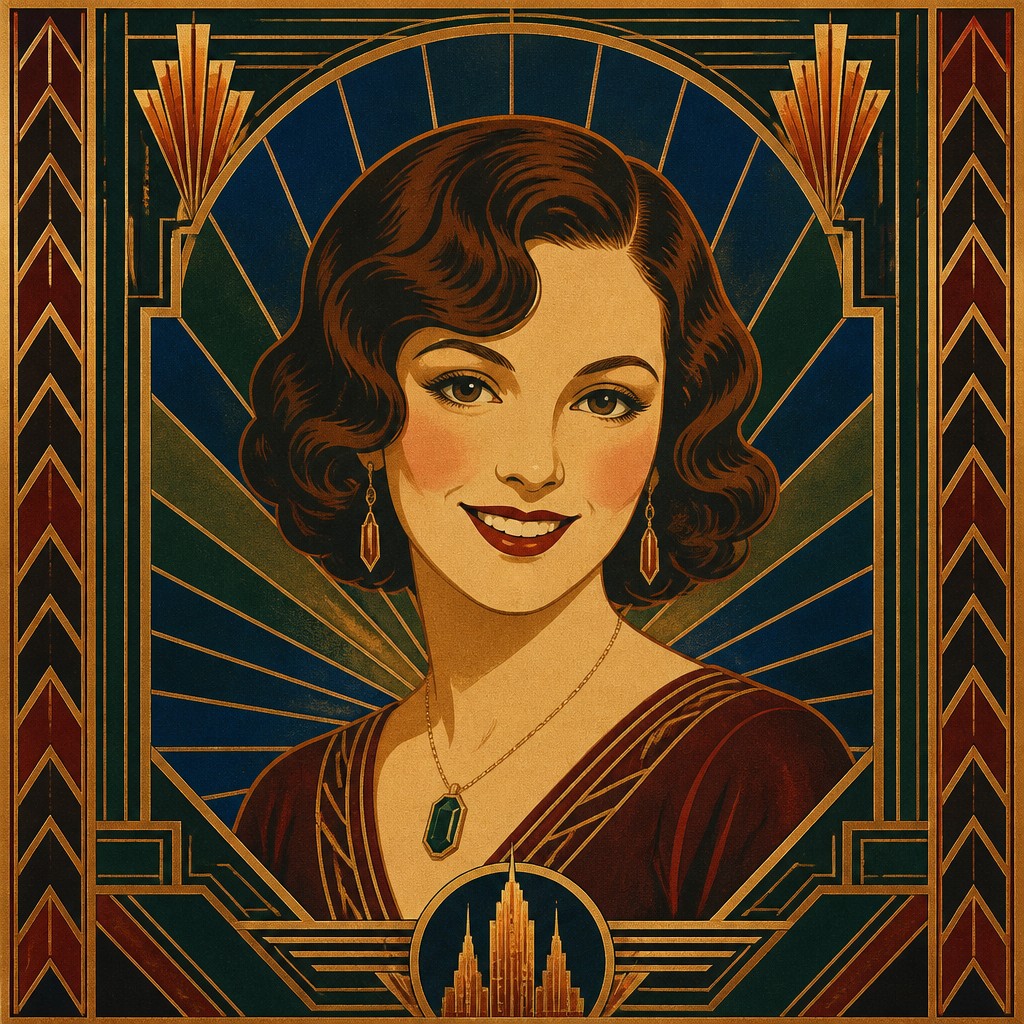 head-and-shoulders portrait of an original character: a young woman with wavy chestnut hair and a warm smile, plain soft backdrop — Art Deco Poster Design profile picture