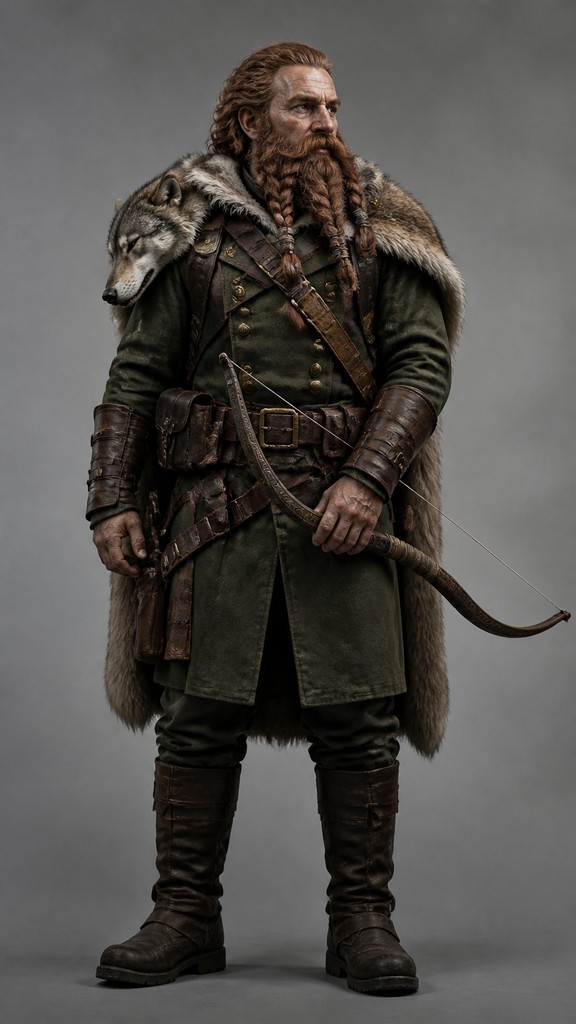 full-body original character: a dwarven ranger with a braided auburn beard, worn leather armor, a longbow and a wolf-pelt cloak, neutral background, no text — Military-Inspired Fashion tabletop character portrait
