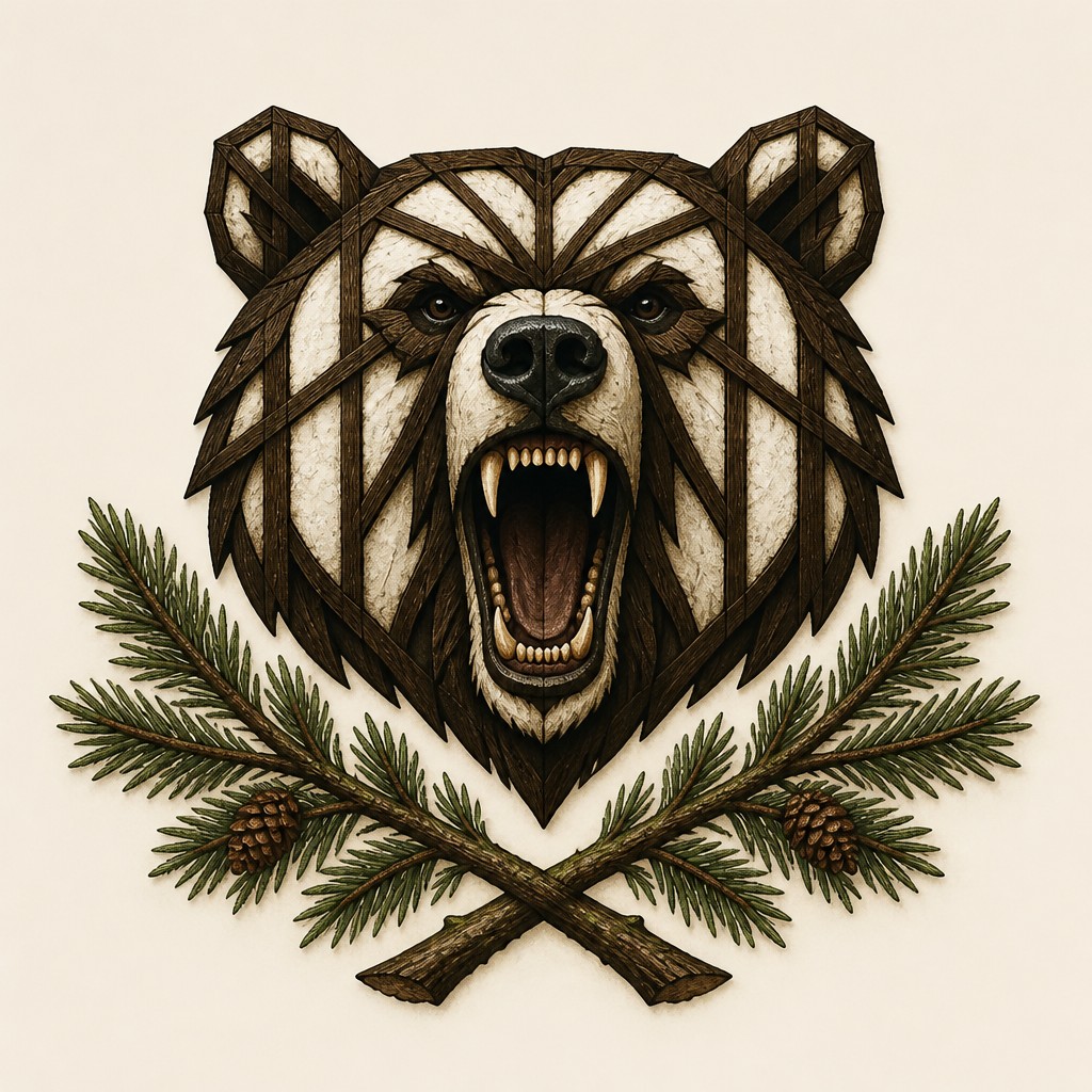 a roaring bear head above crossed pine branches, bold graphic composition on a plain background, no text — Tudor Architecture Style t-shirt design
