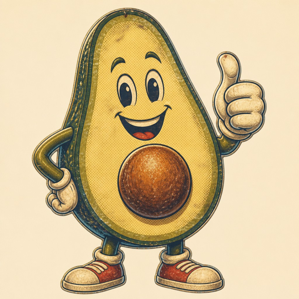 a happy avocado character giving a thumbs up, bold readable design on a plain background, no text — Americana Aesthetic sticker
