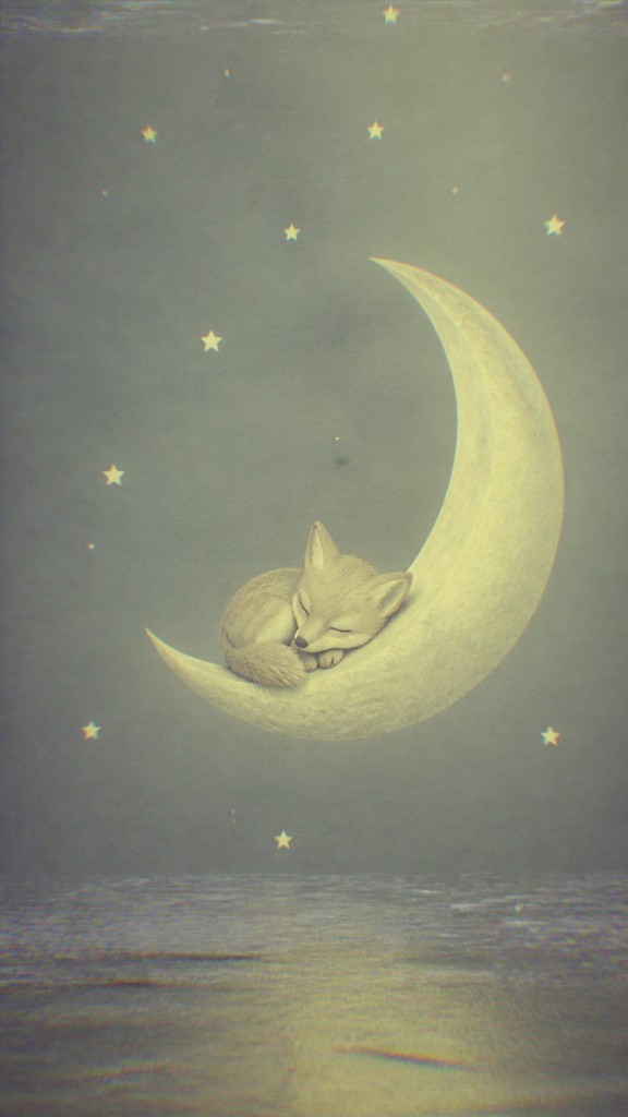 a sleeping baby fox curled on a crescent moon among soft stars, gentle and warm, no text — Creepy Liminal Art Style baby announcement