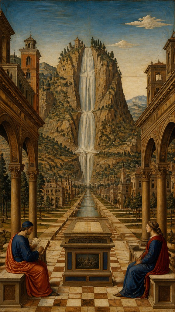 towering waterfall cascading down a cliff — Quattrocento Perspective Renaissance Art Style