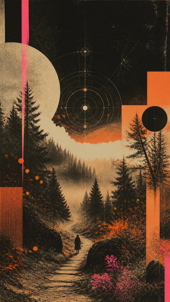 a mysterious forest path with fireflies and drifting mist, atmospheric vertical composition with open space at the top, no text — Retro-Futuristic Pop Surrealism book cover