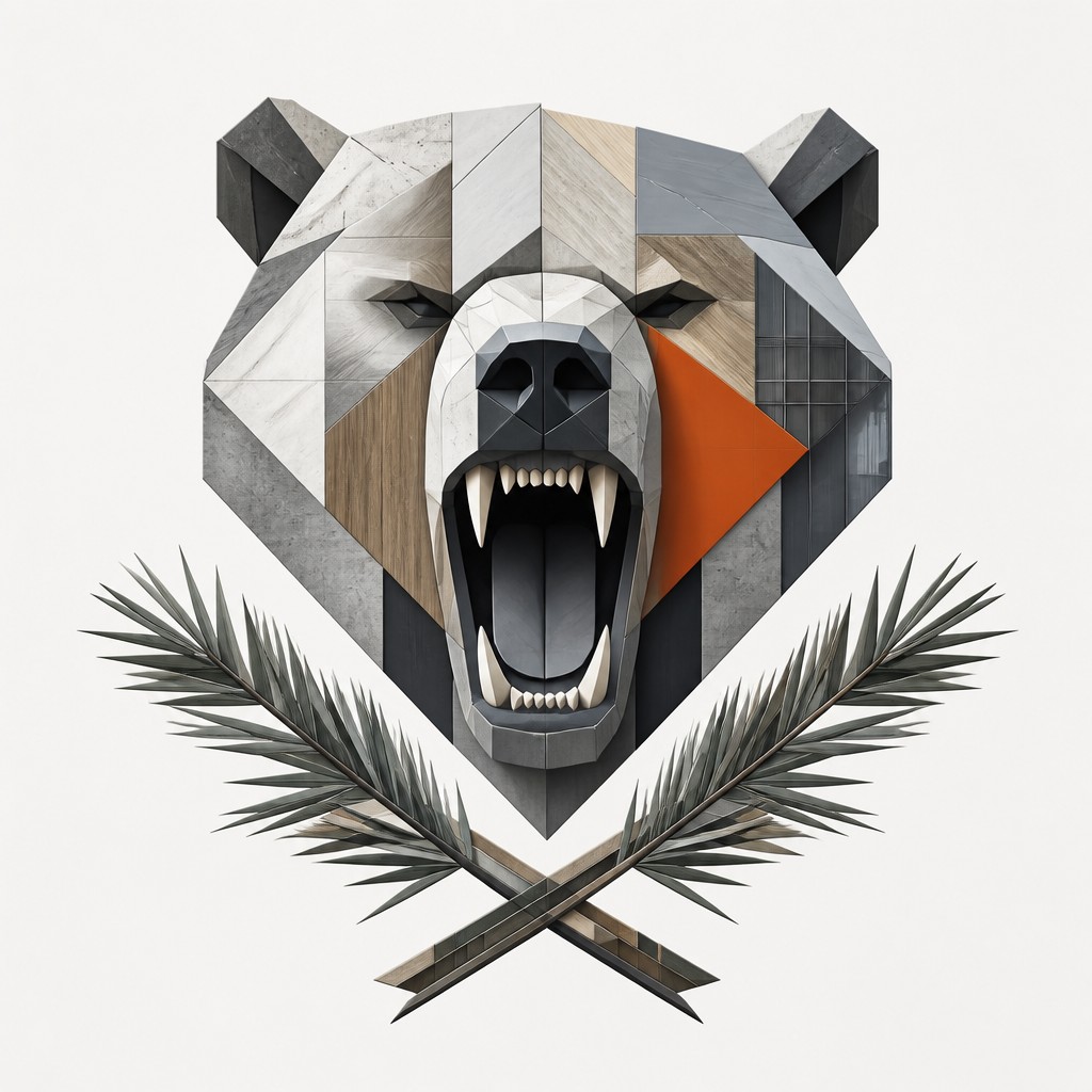 a roaring bear head above crossed pine branches, bold graphic composition on a plain background, no text — Modern Architecture Art t-shirt design