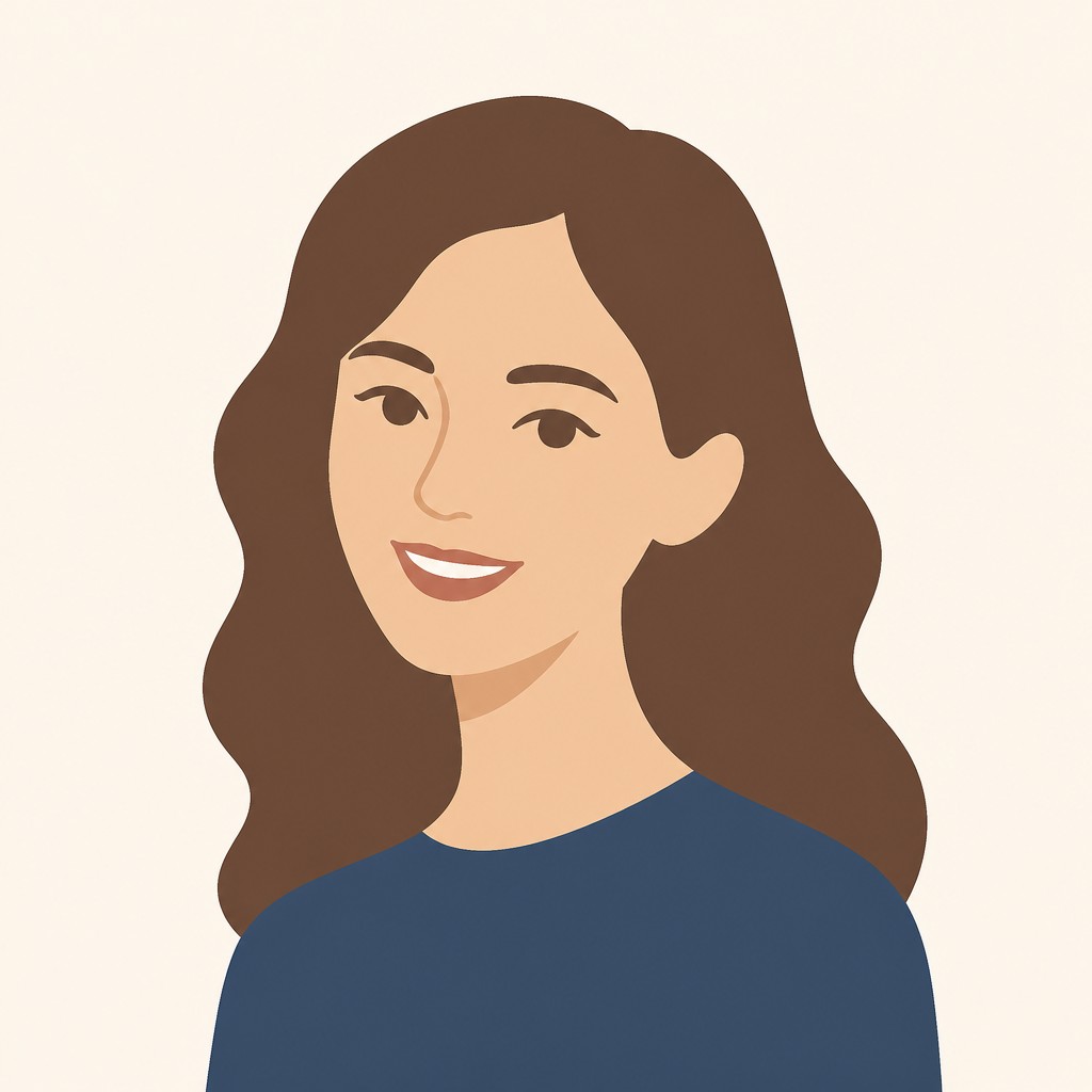 head-and-shoulders portrait of an original character: a young woman with wavy chestnut hair and a warm smile, plain soft backdrop — Minimalism Art Style profile picture