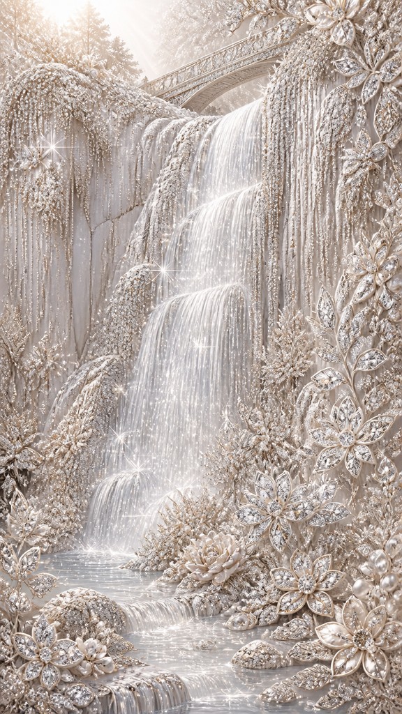 towering waterfall cascading down a cliff — Bridal Jewelry Design