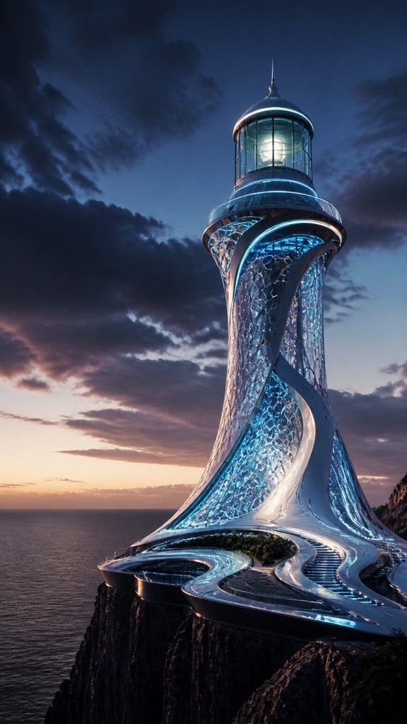 a lone lighthouse on a cliff at dusk under a dramatic sky, no text or lettering — Futuristic Architecture Art poster